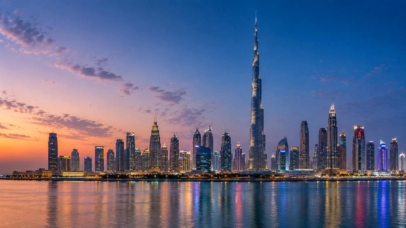 The Dubai skyline at dusk, seen across the water